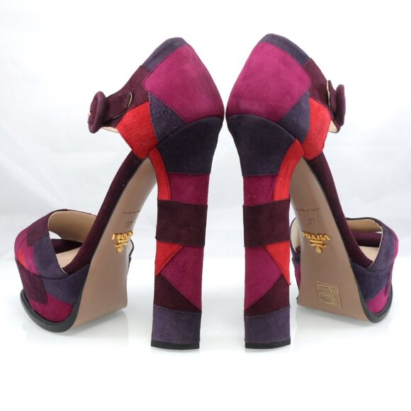 NIB$990 Collection Prada Patchwork d’Orsay Ankle Strap Platform Heels Vintage 37 - Picture 12 of 16